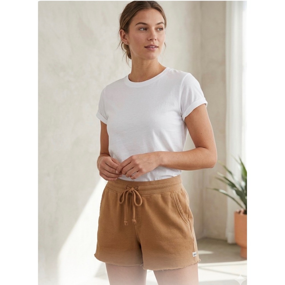 Aerie Womens Fleece Lounge Shorts Brown High Waisted Drawstring Raw Hem Small